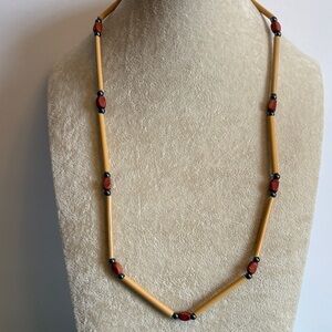 Vintage Boho 20” Natural Wood Tube and Brick Red Bead Long Necklace